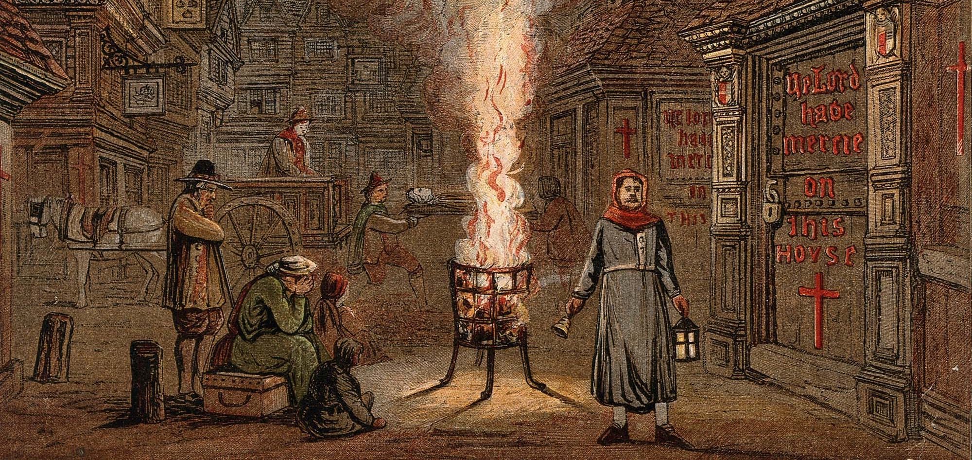 people huddle around a fire during the Great Plague