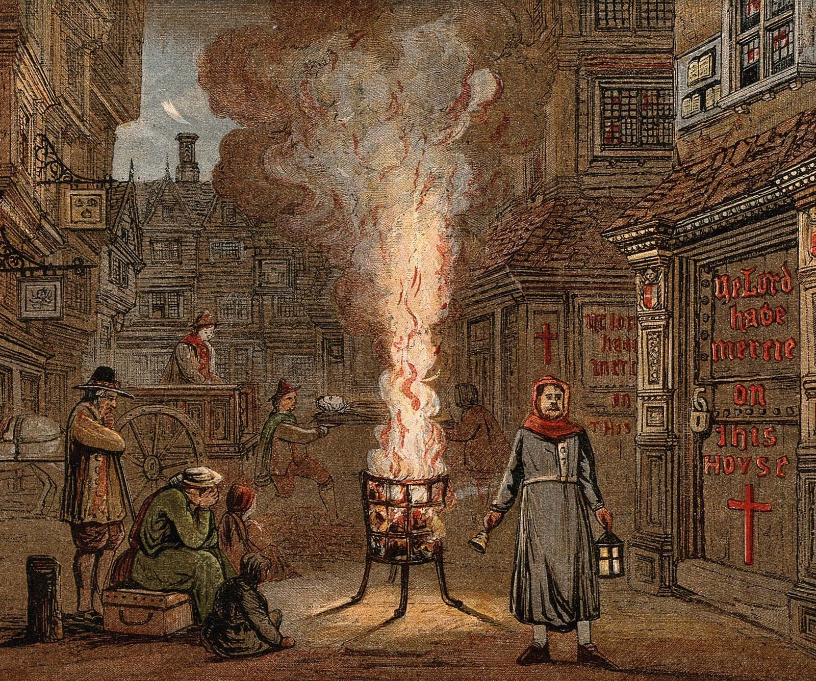 people huddle around a fire during the Great Plague