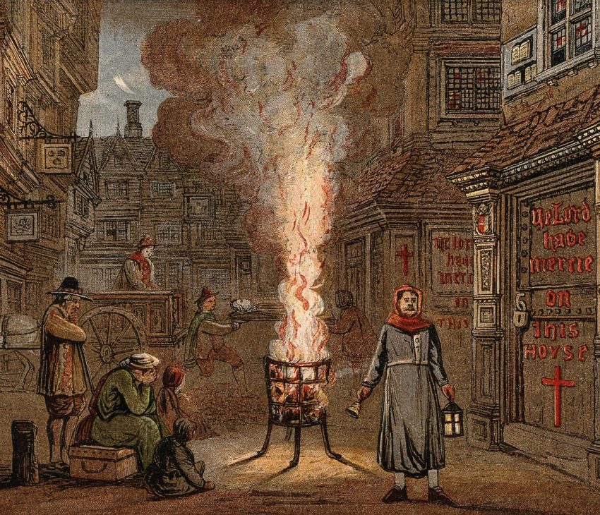 people huddle around a fire during the Great Plague