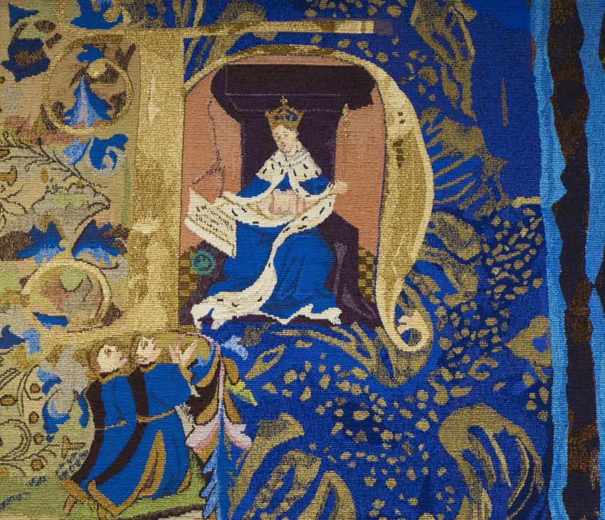 A blue and gold tapestry depicting Henry VI granting rights to liverymen of the Leathersellers