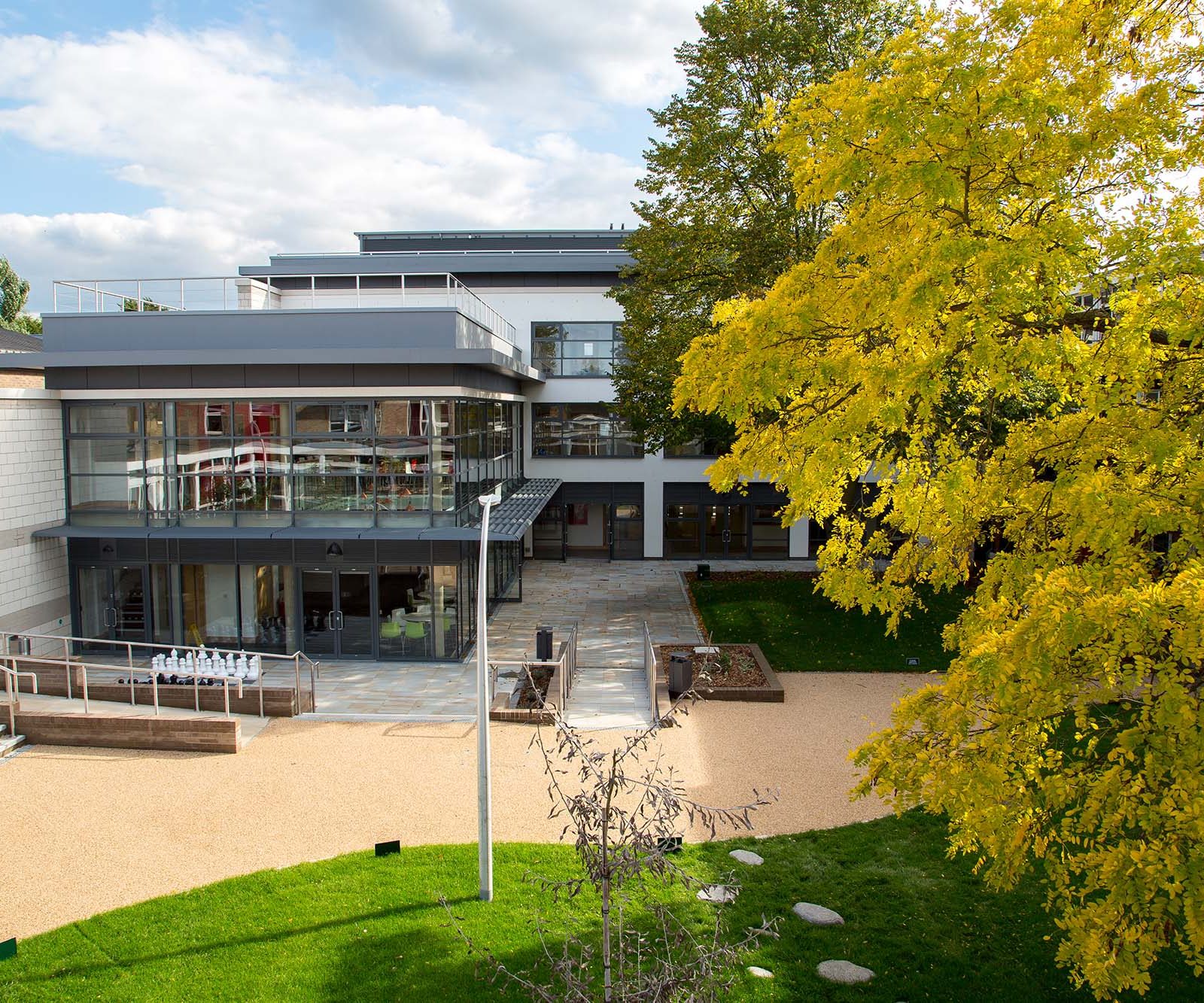 A glass and steel building with a tree in the foreground
