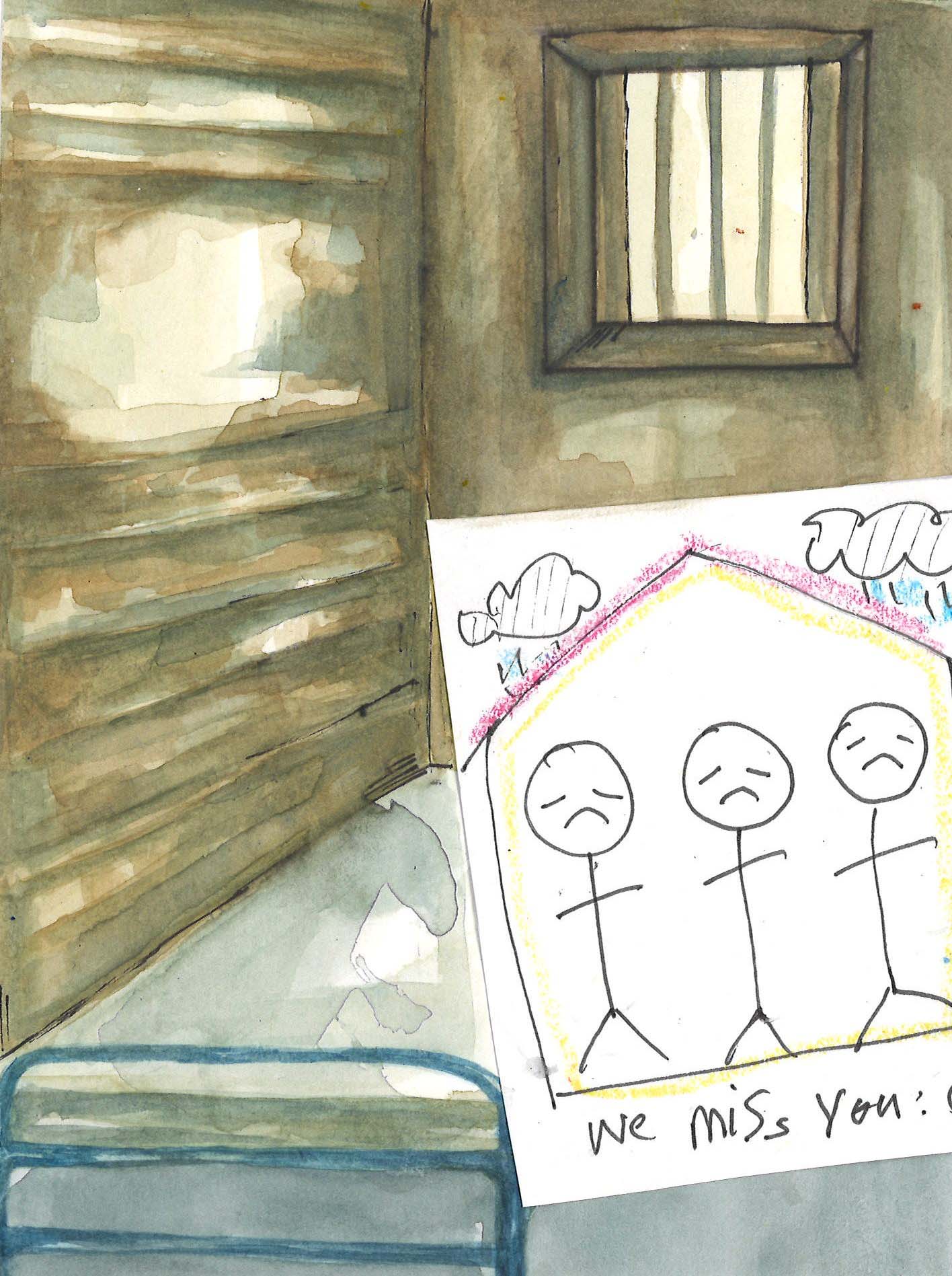 illustration of a prison cell with a child's drawing with the words 'we miss you'