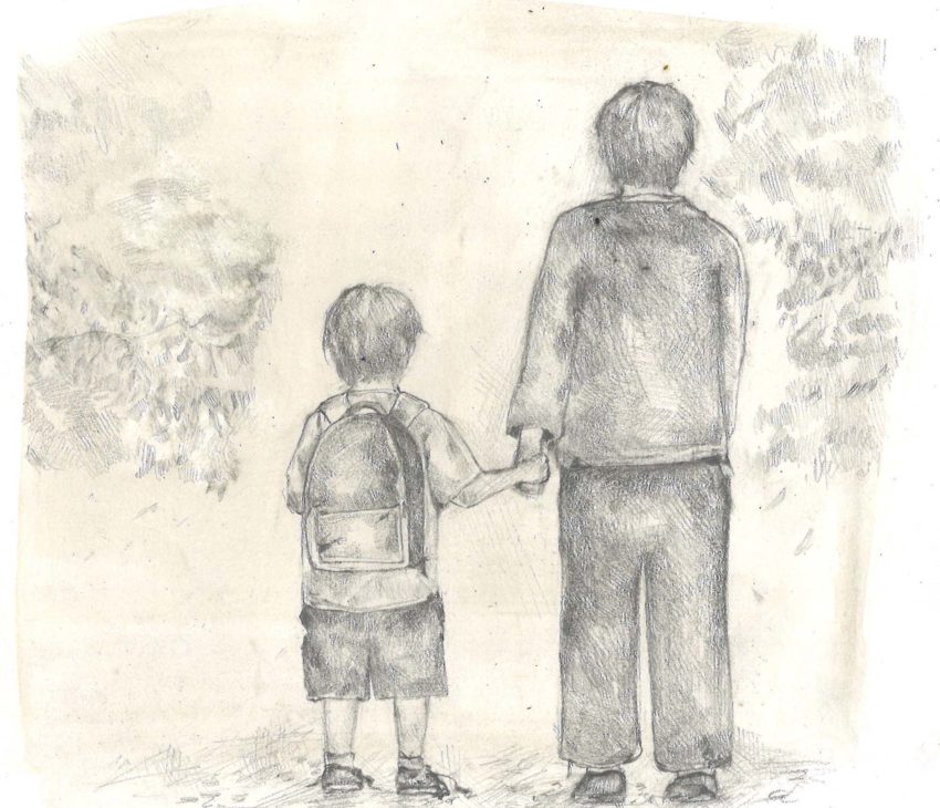 a sketch of a young person holding an adult's hand