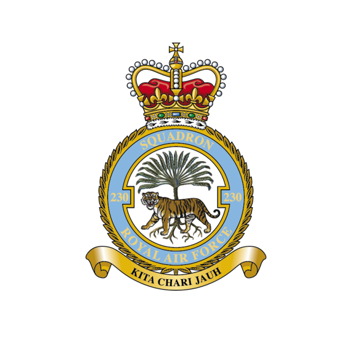 Emblem of No. 230 Squadron Royal Air Force featuring a crown, a palm tree, a tiger, and a blue and gold roundel with the motto Kita Chari Jauh on a banner at the bottom.