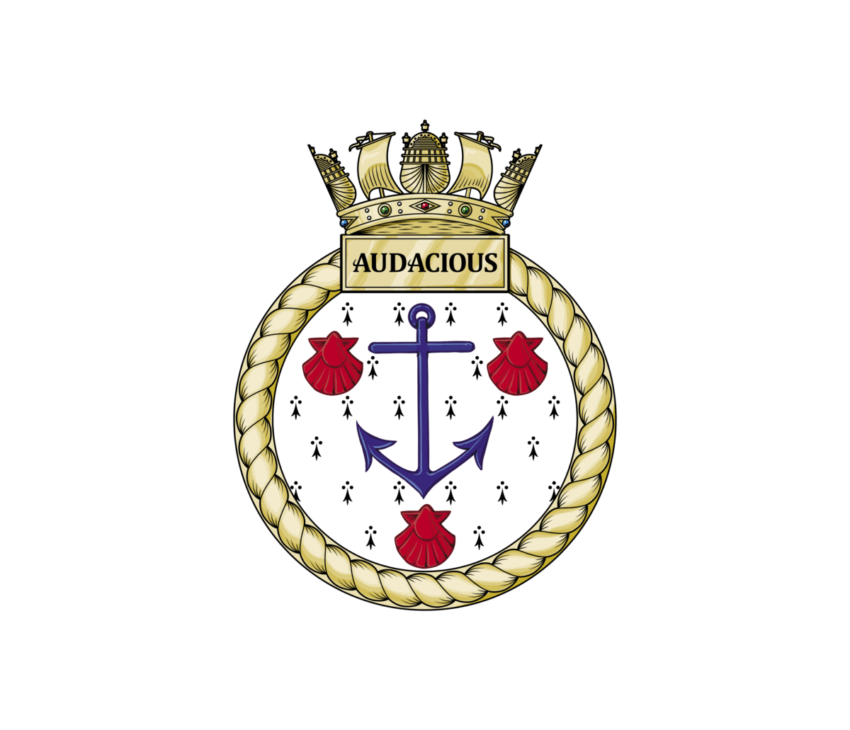 A gold-bordered circular crest with a crown on top, displaying a blue anchor with two arrows crossed behind it, three red scallop shells, black spots, and a scroll reading AUDACIOUS.