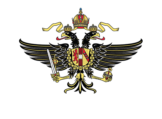 A black double-headed eagle with outstretched wings holds a sword and an orb, features a shield on its chest, and is topped with a crown and gold ribbons. The design includes red, yellow, and gold accents.