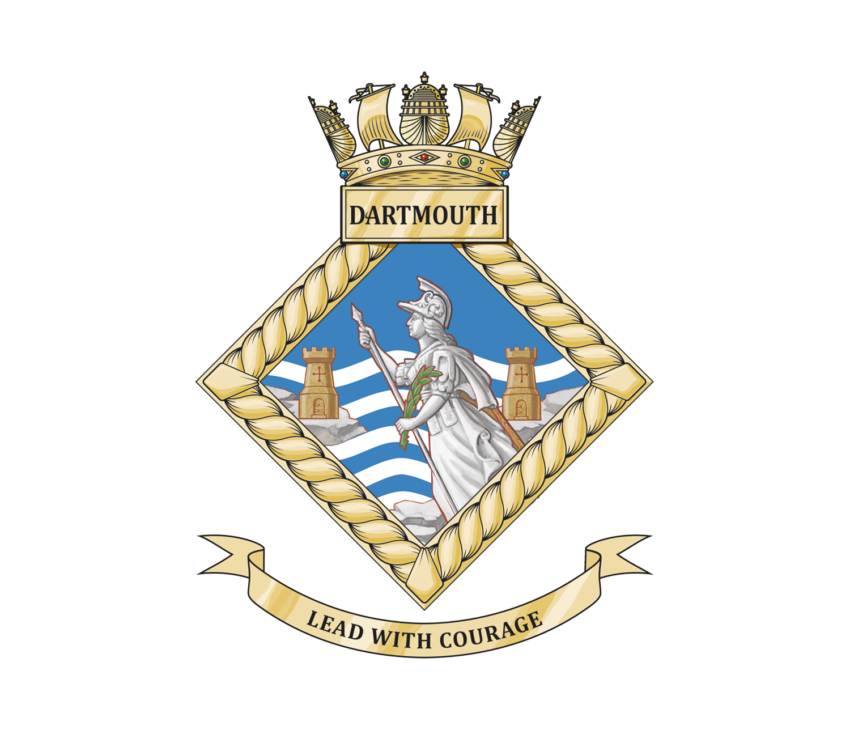 A diamond-shaped naval crest labelled Dartmouth shows a crowned figure holding a trident and shield, standing between two towers. Blue and white waves appear behind. Below, a banner reads Lead With Courage.