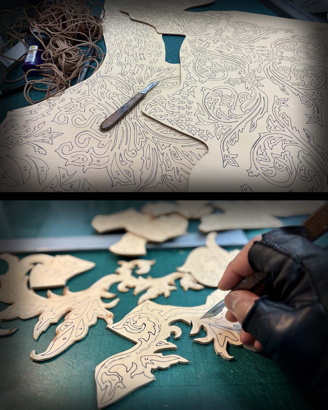 A table displays sheets of leather with intricate patterns. A gloved hand uses a knife to cut out shaped pieces, while leather cord and tools lie nearby. The scene focuses on the process of crafting detailed leatherwork.